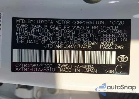 2021 Toyota Prius Le из США, поврежденный, VIN JTDKAMFU2M3137405